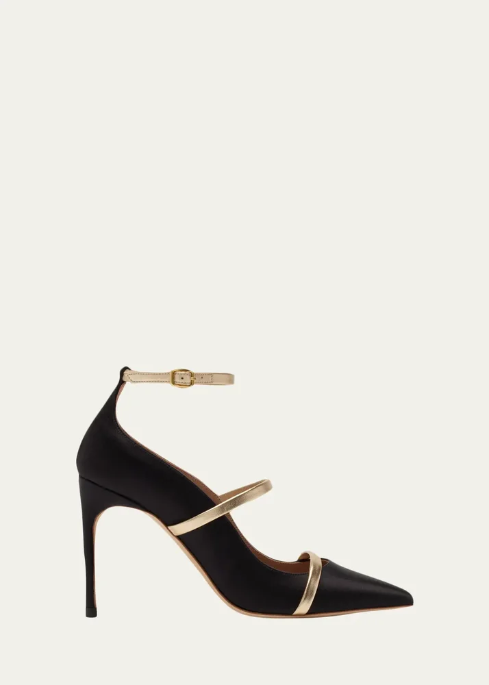 90mm Diaz Satin and Metallic Leather Ankle-Strap Pumps