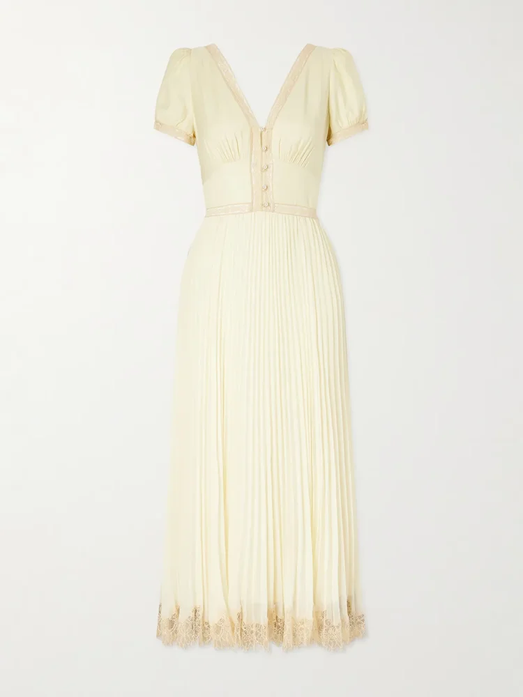 Lace-trimmed pleated crepe midi dress