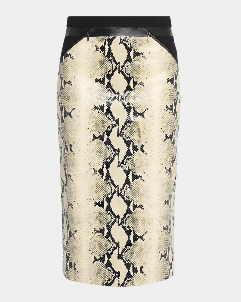 Blocked Python Embossed Leather Midi Pencil Skirt
