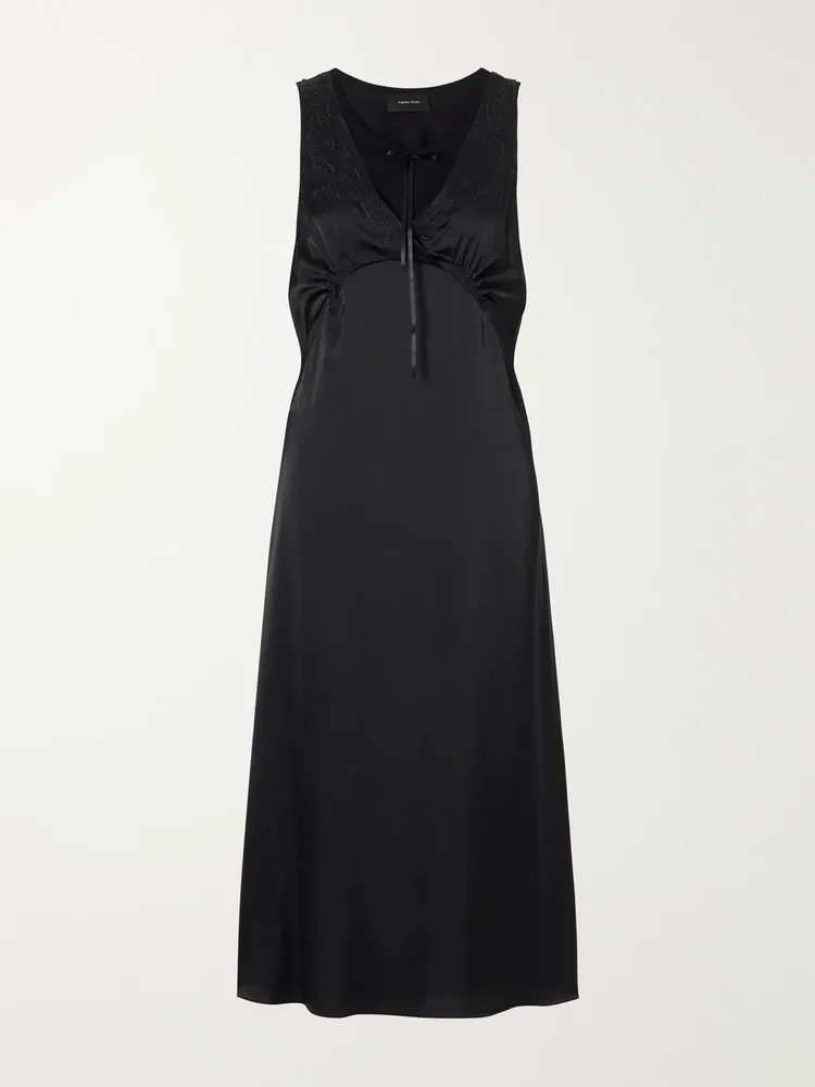 Bow-detailed embroidered satin midi dress