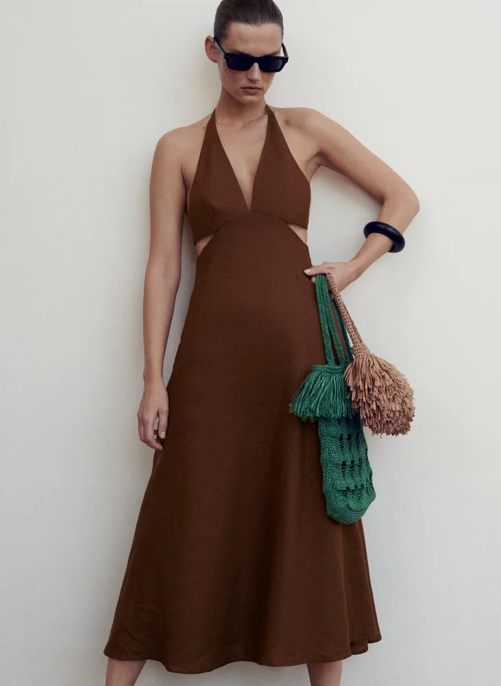 Evelena Tie-Back Linen Midi Dress