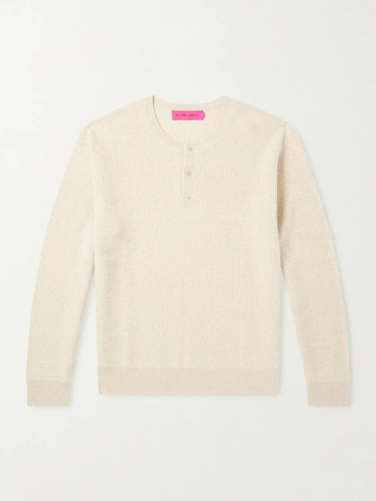 Waffle-Knit Cashmere Henley Sweater