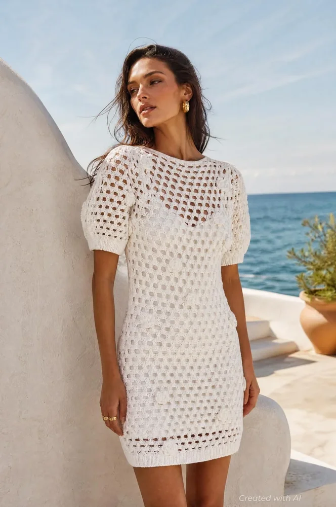 Crochet Mini Dress With Floral Applique - Ivory