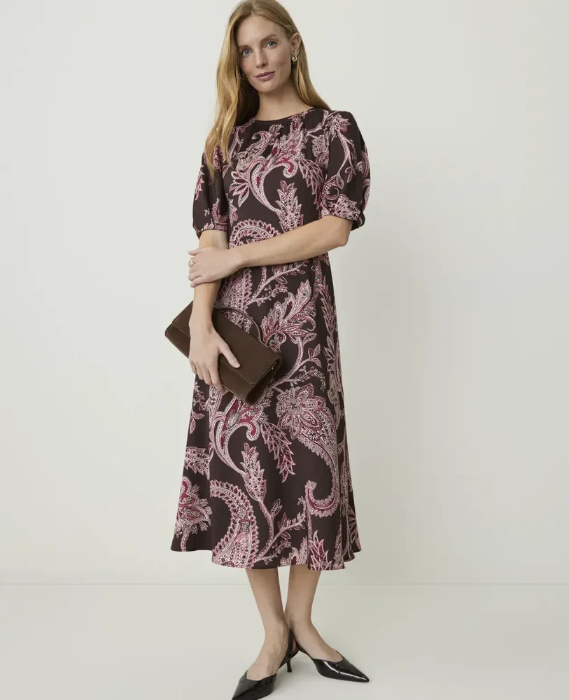 Paisley Puff Sleeve Midi Dress