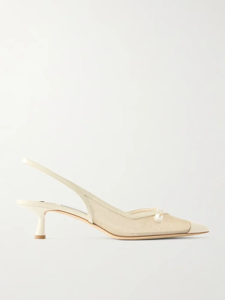 Amita 45 embellished patent-leather trimmed metallic mesh slingback pumps