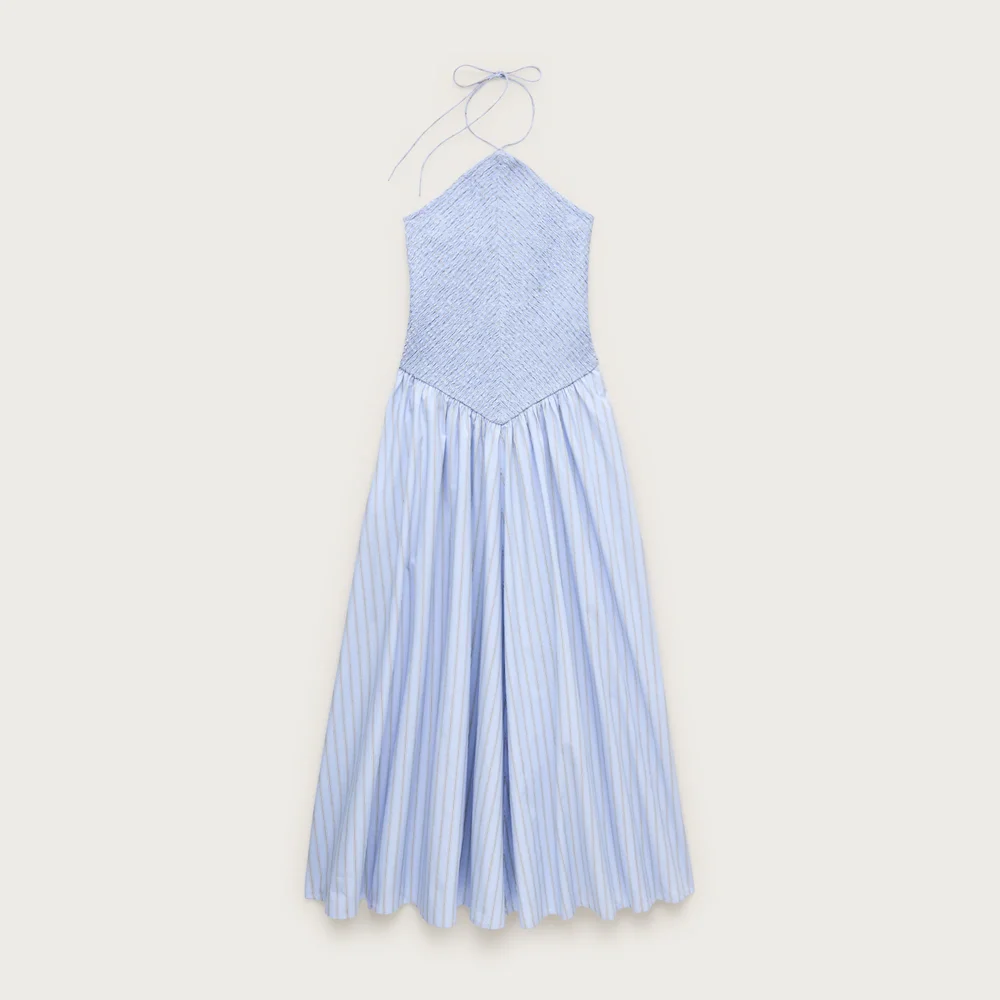 Smocked halter dress in stripe