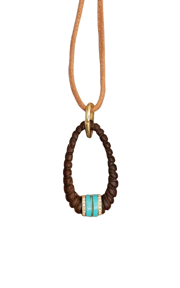 Magnolia Carved Wood Turquoise, Diamond And Leather Necklace