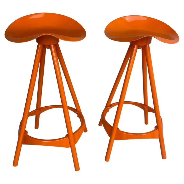 Pair Industrial Style Swivel Bar Stools, Powder-Coated Orange