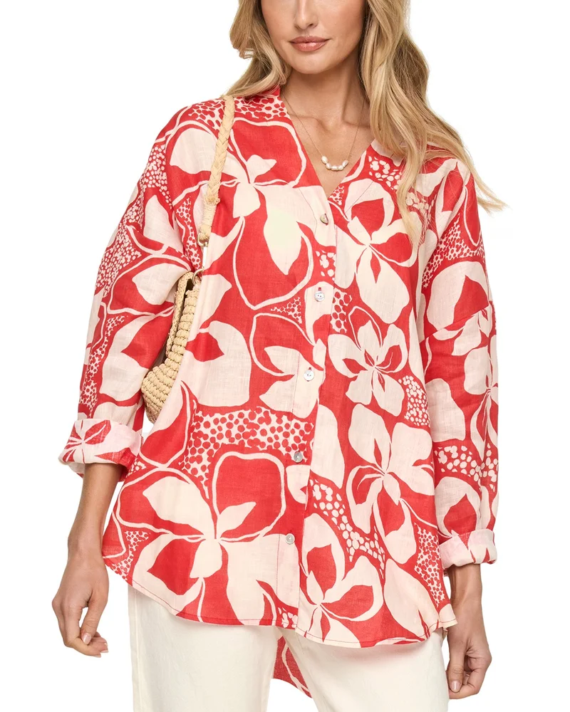 L*Rio Button Front Linen Cover Up Tunic