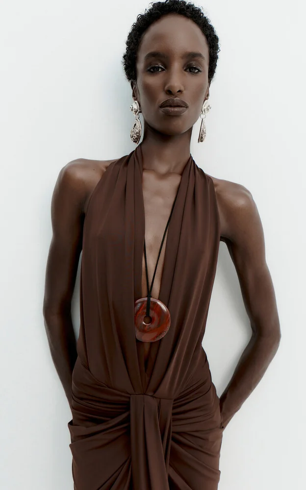 Elaria Deep V-Halter Midi Dress