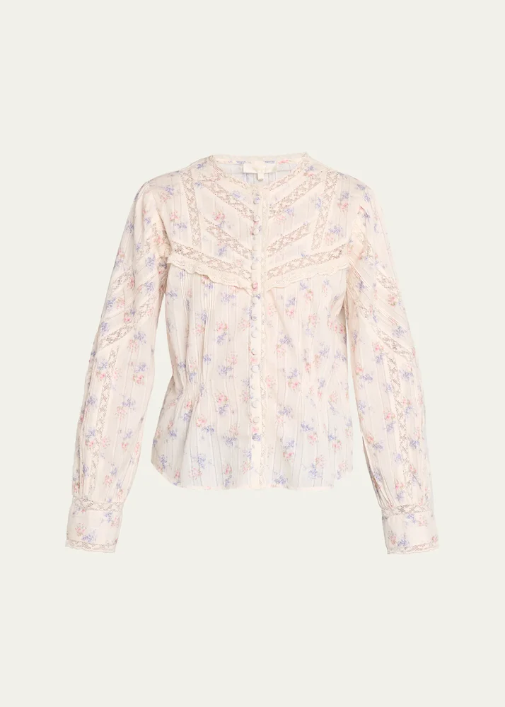 Miah Floral Lace-Trim Dobby Cotton Blouse