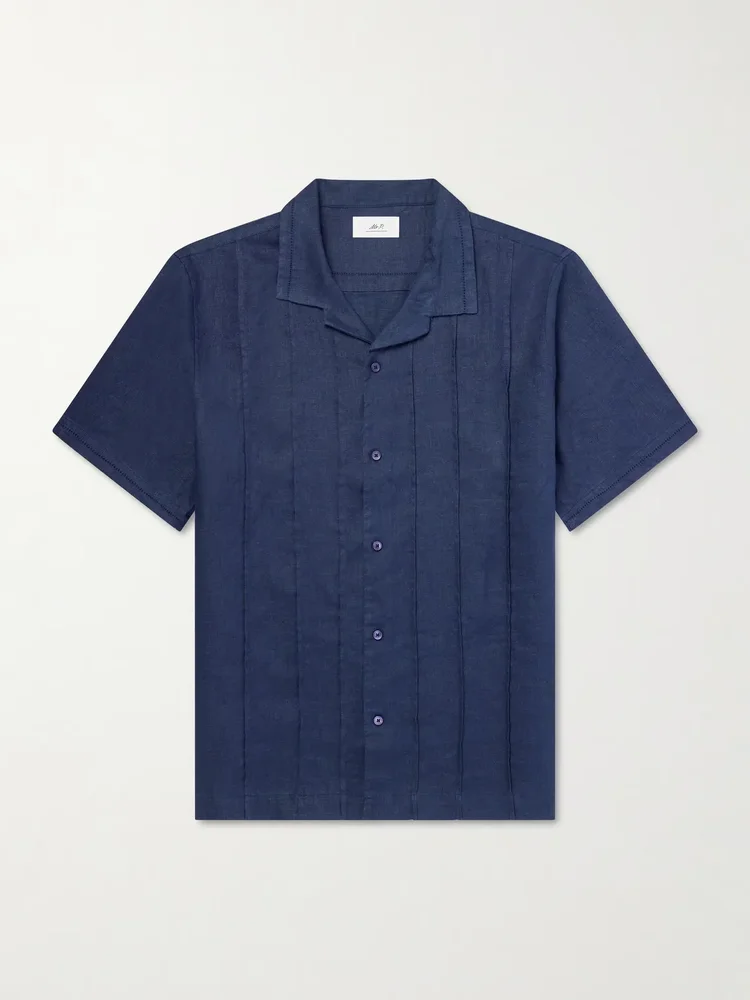 Camp-Collar Embroidered Pintucked Linen Shirt