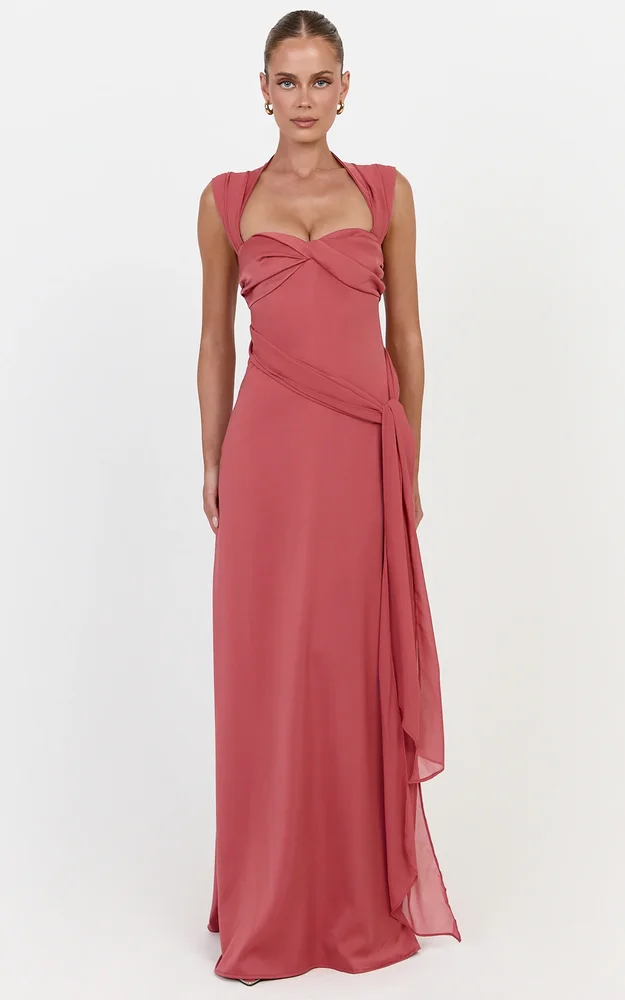 Lana Maxi Dress, High Neck Contrast Hip Drape Sash Dress With Crossover Back in Rose