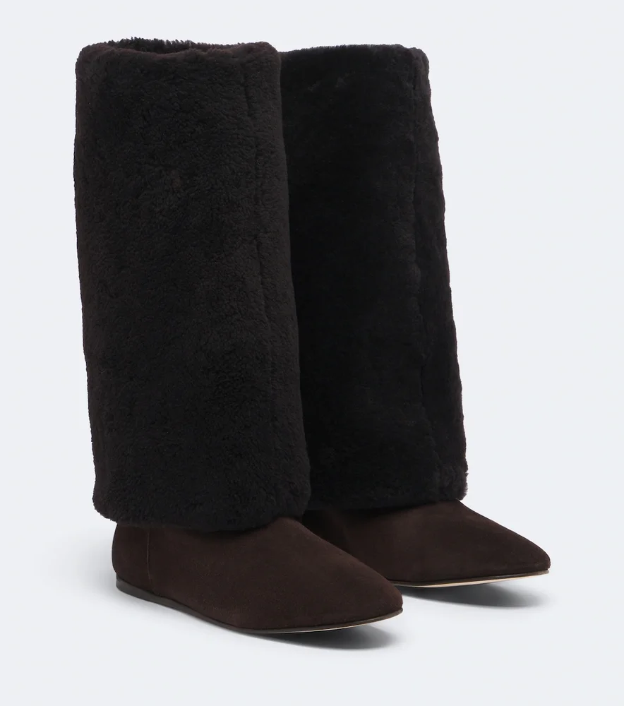 Shearling and suede knee-high boots