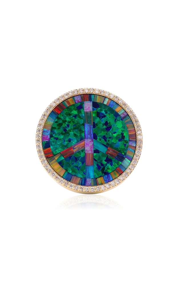 14K Gold Rainbow Opal Inlay Peace Ring