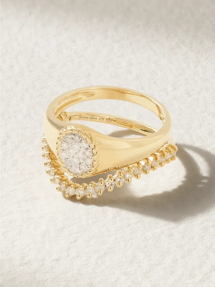Mini Chevalière + Alliance set of two 9-karat gold diamond signet rings