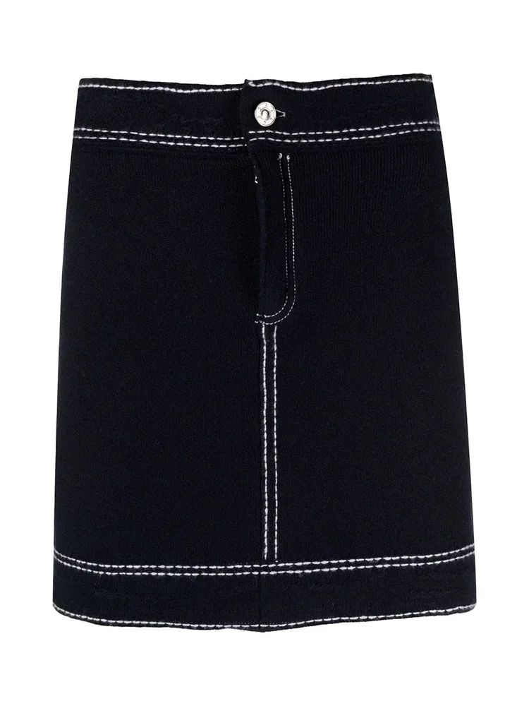 Contrast-Stitching Knit Denim Mini Skirt