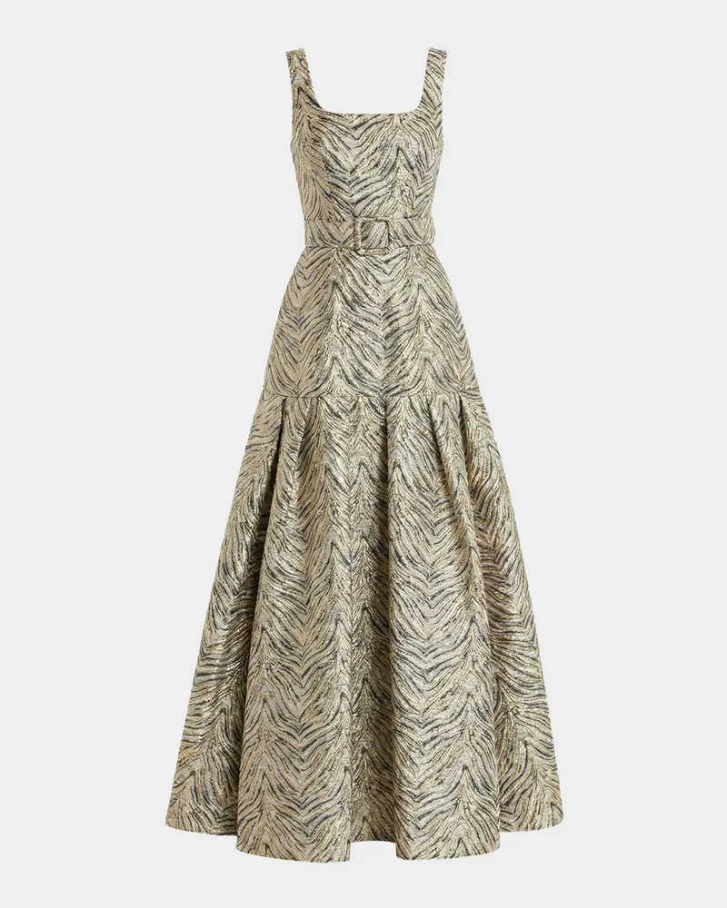 Evening Metallic Brocade Belted Gown