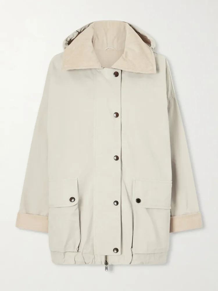 Corduroy-trimmed cotton and linen-blend coat