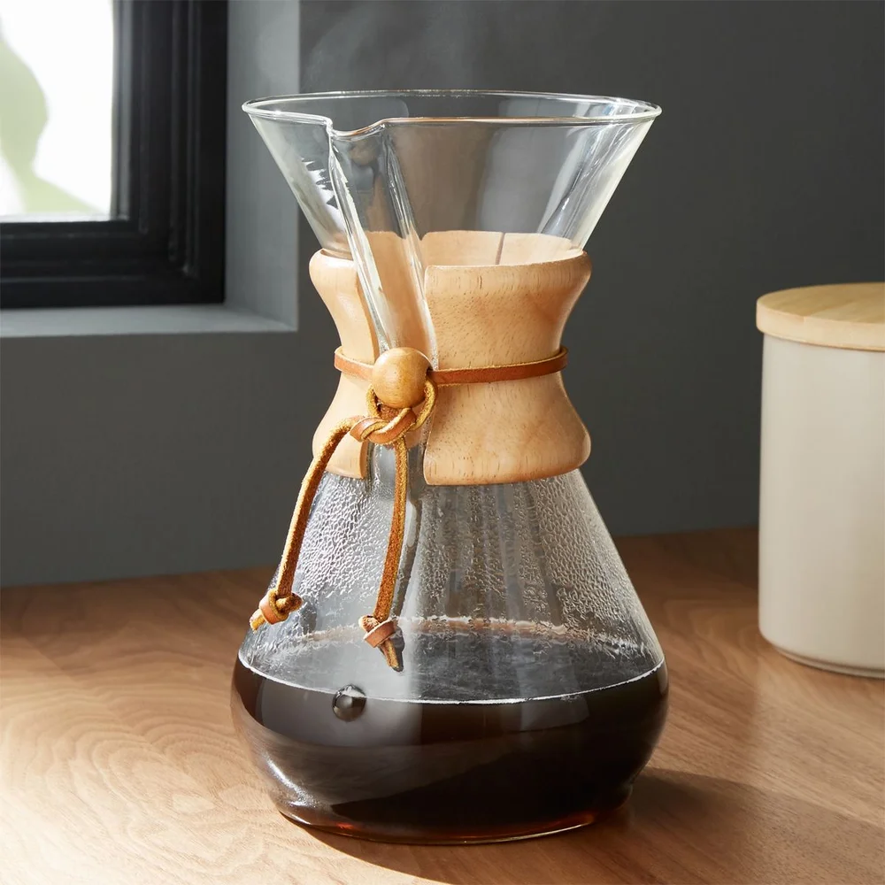 8-Cup Glass Pour-Over Coffee Maker with Natural Wood Collar