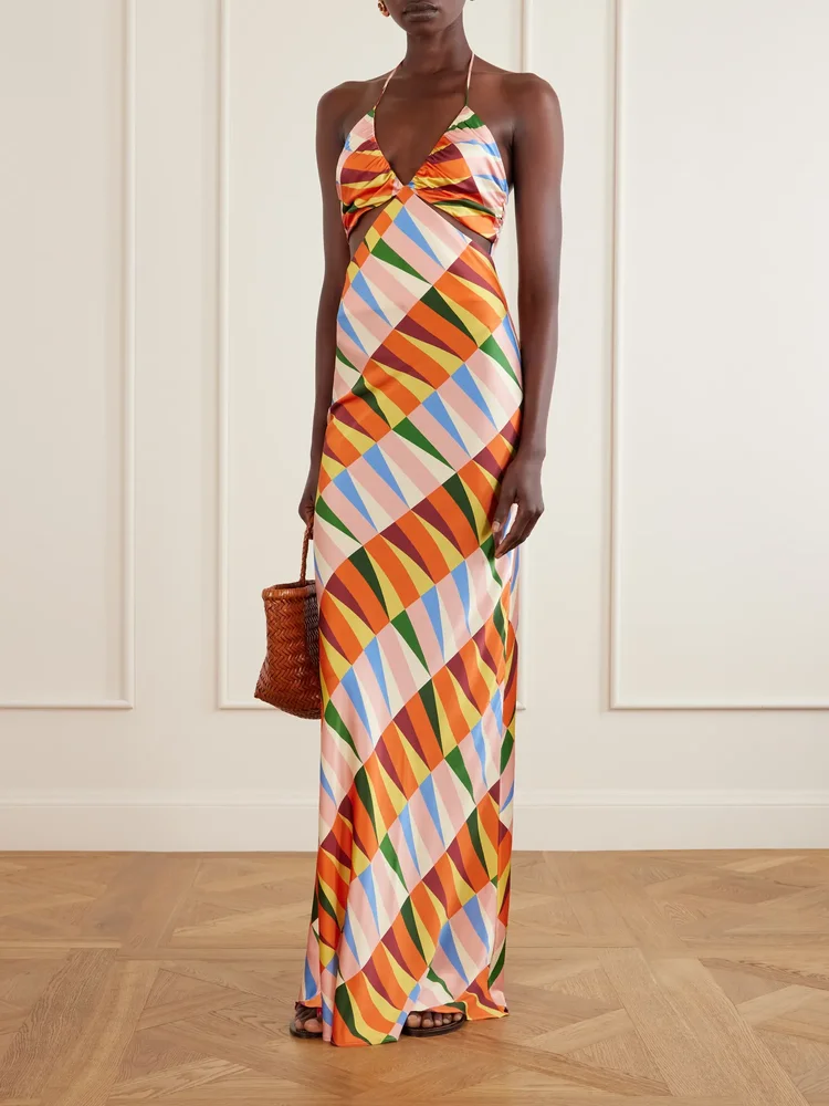 Caterina printed silk-blend satin halterneck maxi dress