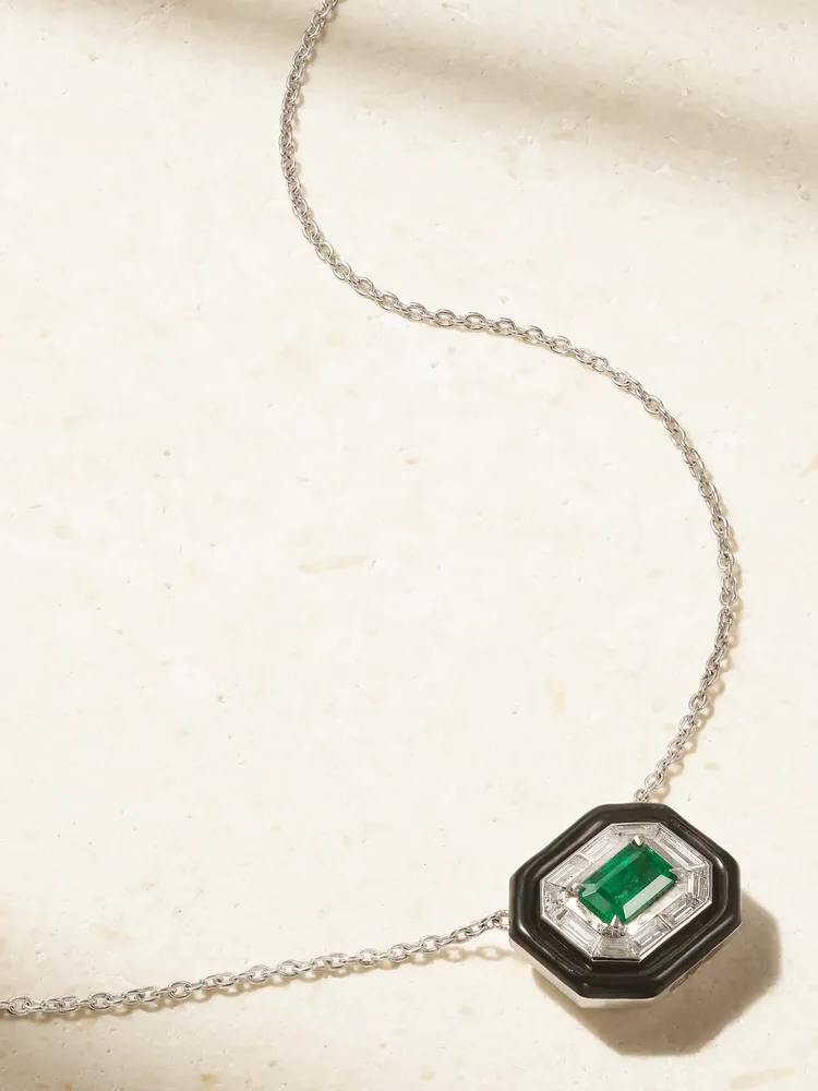 Oui 18-karat white gold, emerald, diamond and enamel necklace