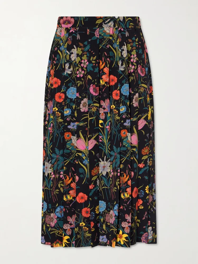 Pleated printed silk skirt