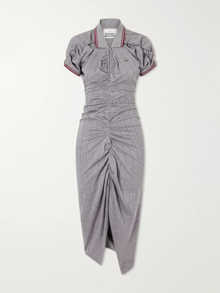 Logo-embroidered Striped gathered cotton jersey midi dress