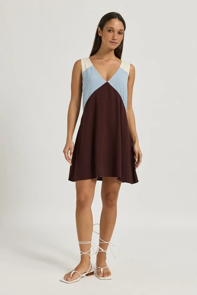 Yumi Panelled Mini Dress - Chocolate / Blue / Cream