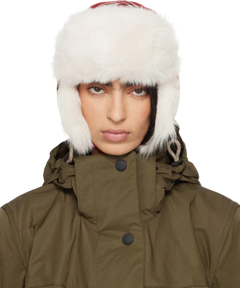 Red & Off-white Check Wool Trapper Hat
