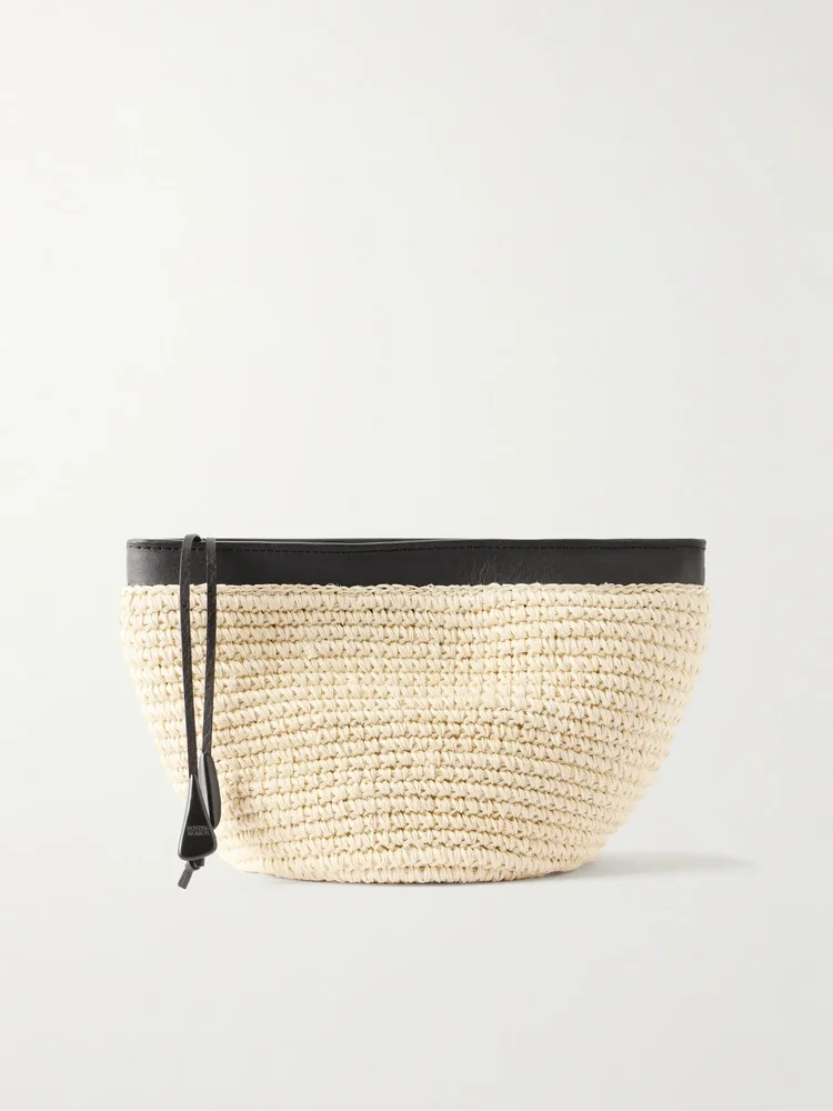 Leather-trimmed raffia clutch