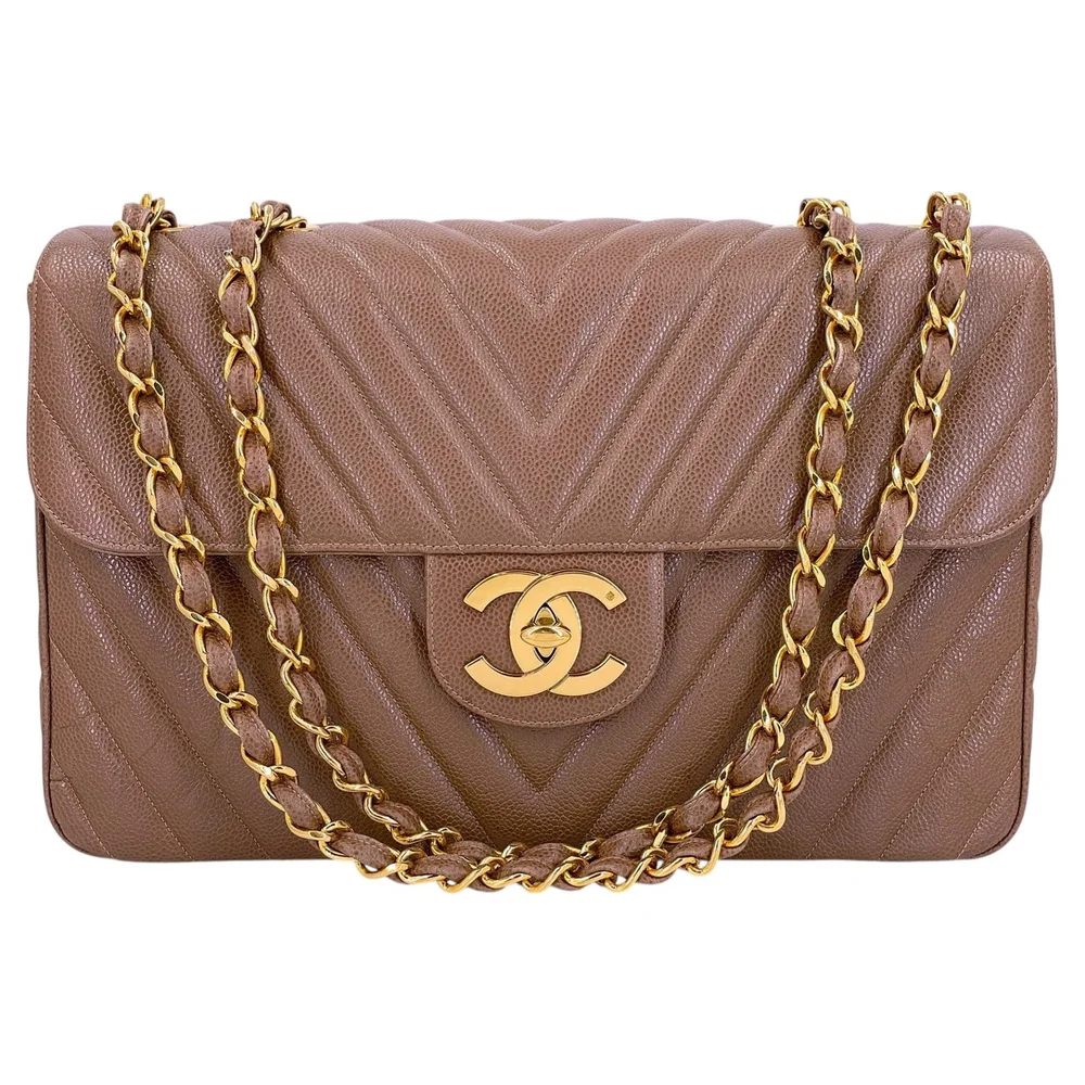 Pre-Owned Vintage Taupe Beige Caviar Chevron Maxi Classic Flap Bag