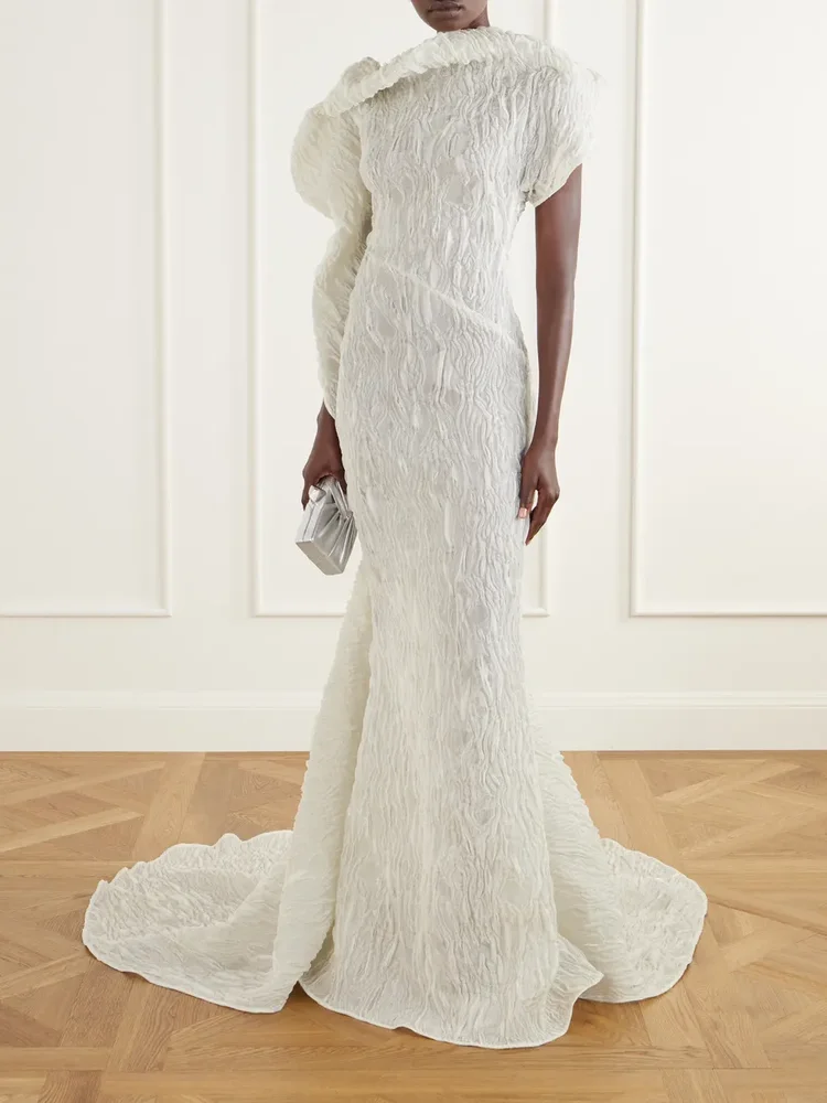 Radiance asymmetric draped chiffon-jacquard gown