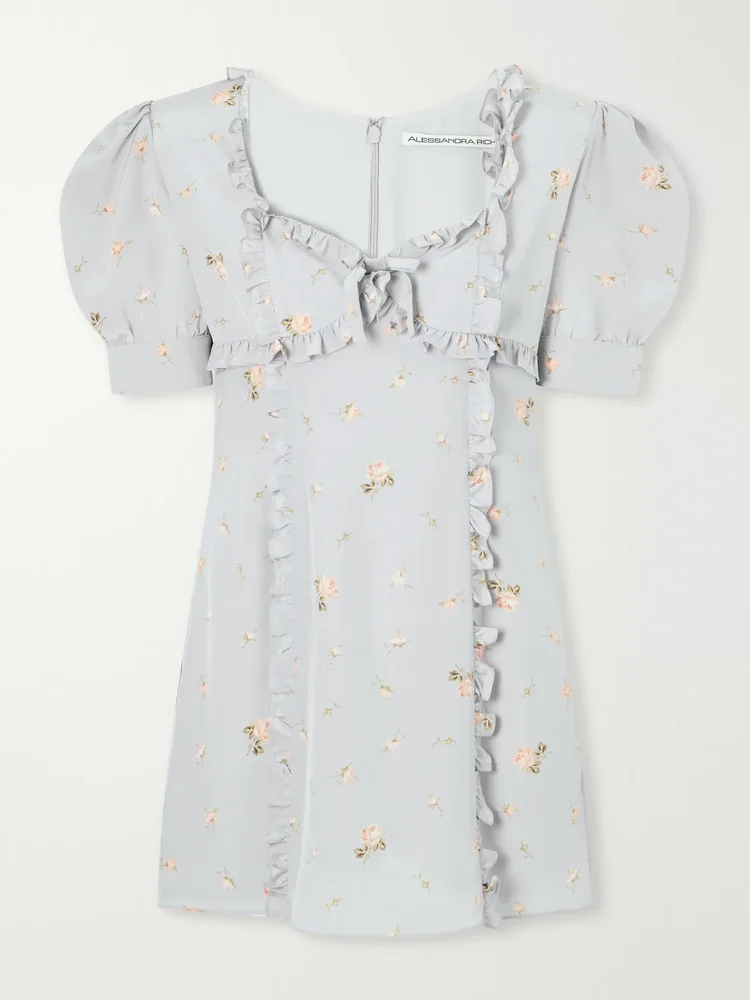 Floral-print ruffle-trim silk-crepe mini dress
