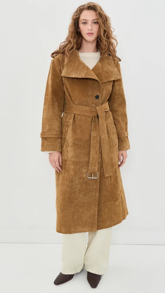Funnel Neck Slouchy Suede Trench Coat