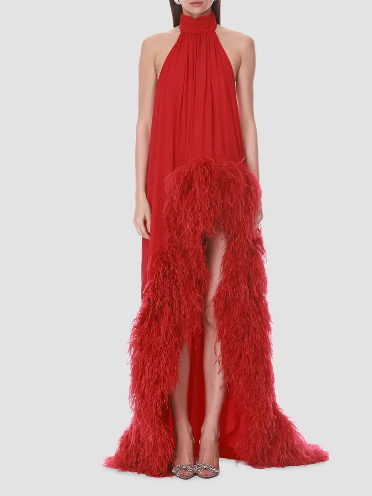 Halter Neck Feather-Hem Chiffon Gown