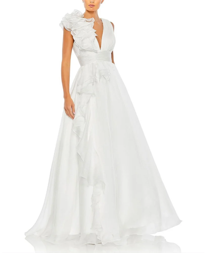 Ruffle Shoulder V-Neck Chiffon Gown