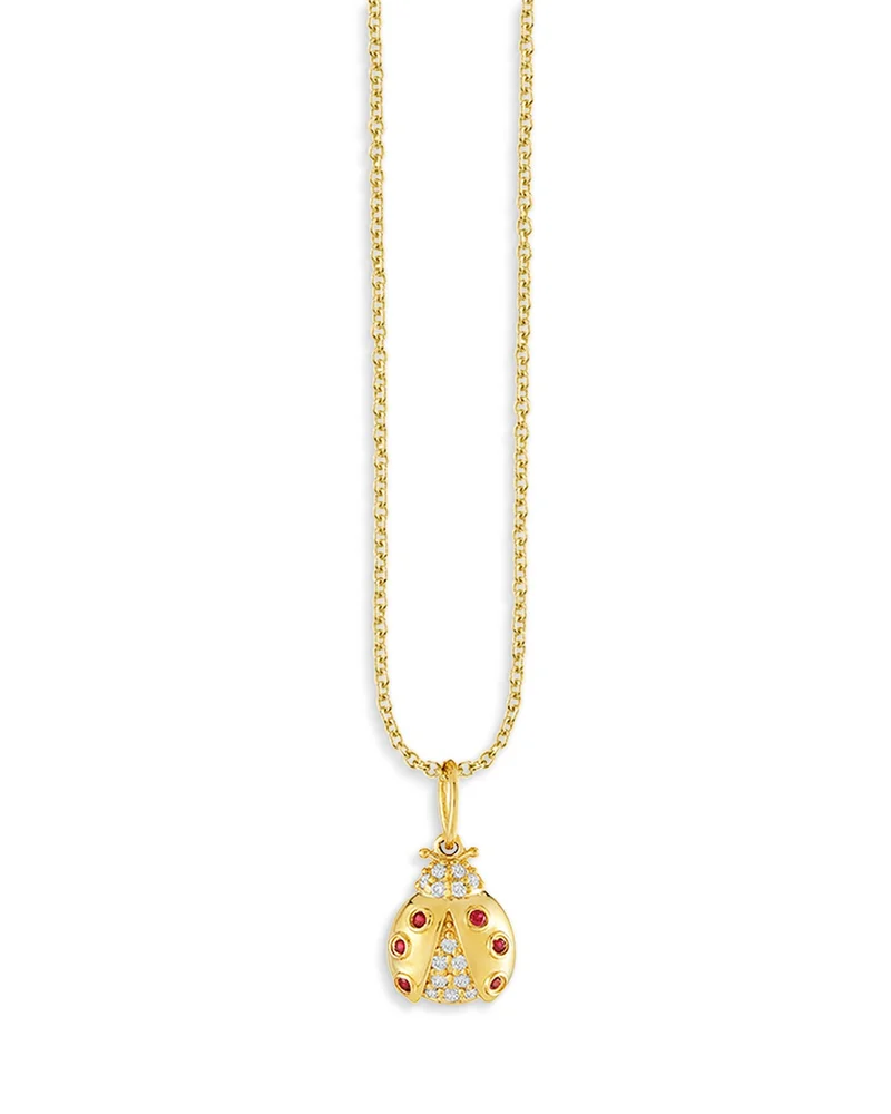 14K Yellow Gold Ruby & Diamond Ladybug Pendant Necklace, 18"