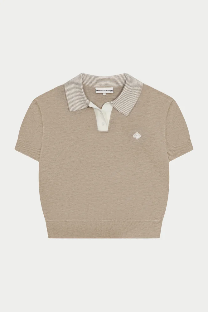 KNITTED COLLAR POLO TOP - BEIGE
