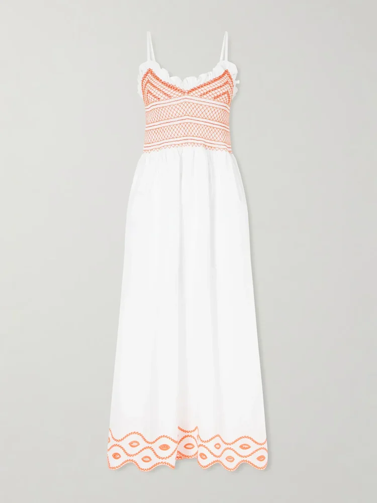 Bianca ruffled emrboidered shirred cotton-poplin midi dress