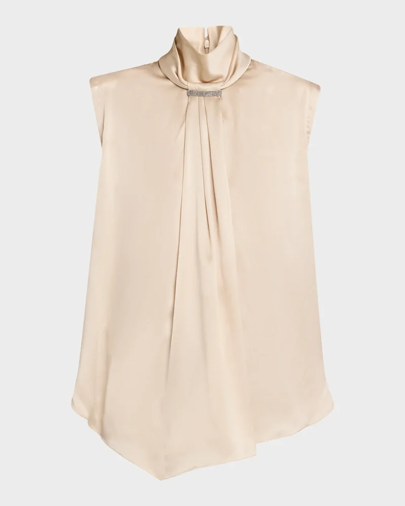 Sleeveless Silk Turtleneck Blouse w/ Monili