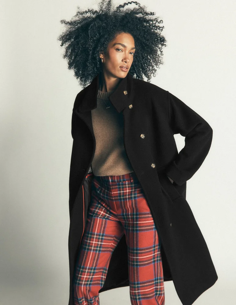 Funnel Neck Longline Wool Coat-Black