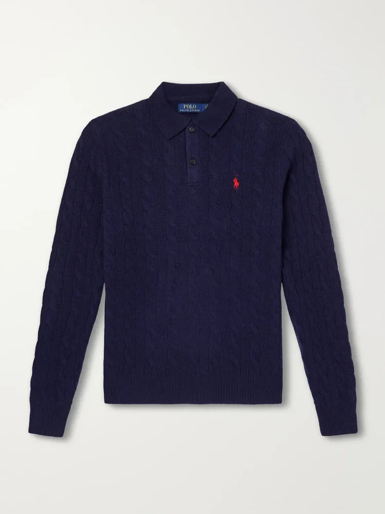 Logo-Embroidered Cable-Knit Wool and Cashmere-Blend Polo Sweater