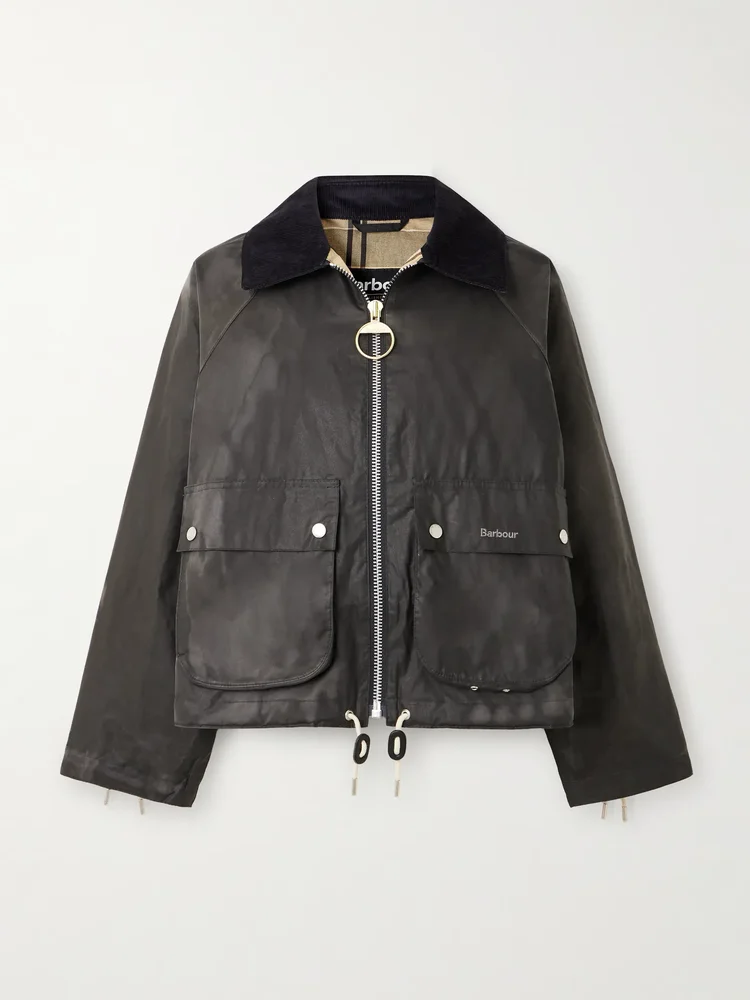 Marron leather and corduroy-trimmed waxed-cotton jacket