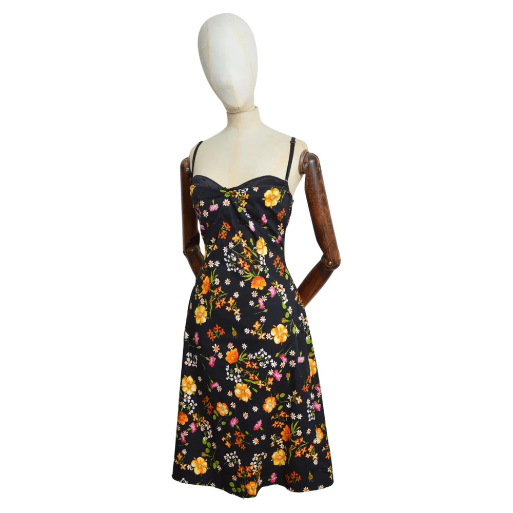 2000s Dolce & Gabbana Black strappy bustier dress with orange flowers print