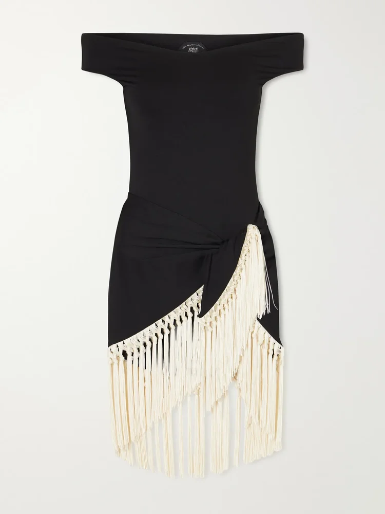 Mini Romy Black fringed off-the-shoulder swimsuit