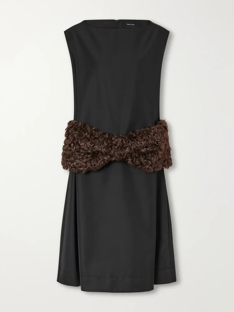 Plush-trimmed twill midi dress