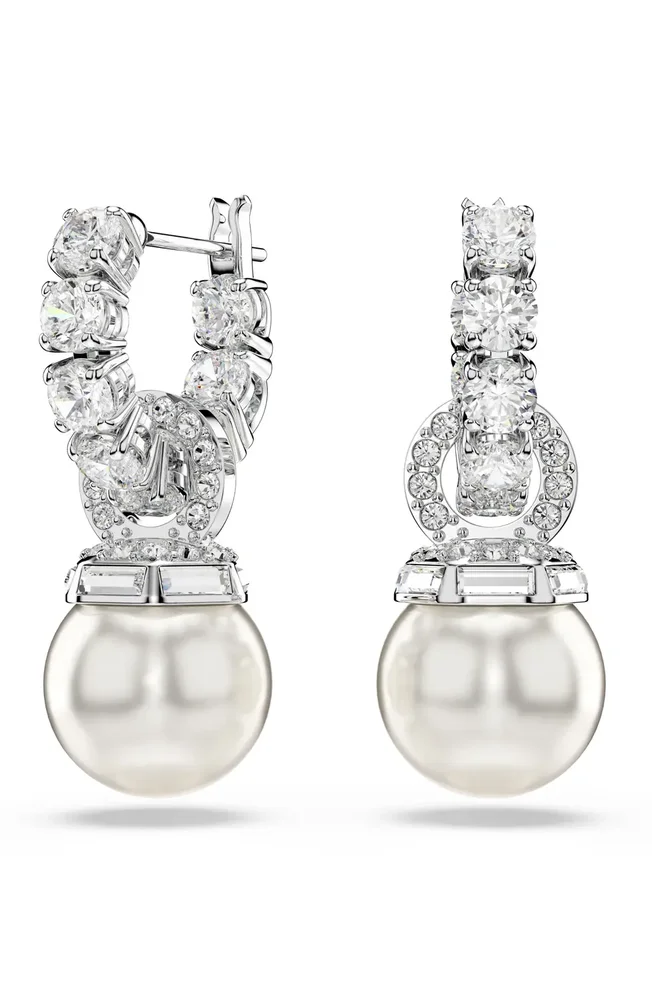 Matrix Faux Pearl Drop Crystal Hoop Earrings
