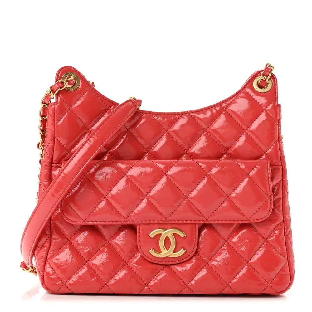 Shiny Crumpled Calfskin Wavy CC Hobo (Red)