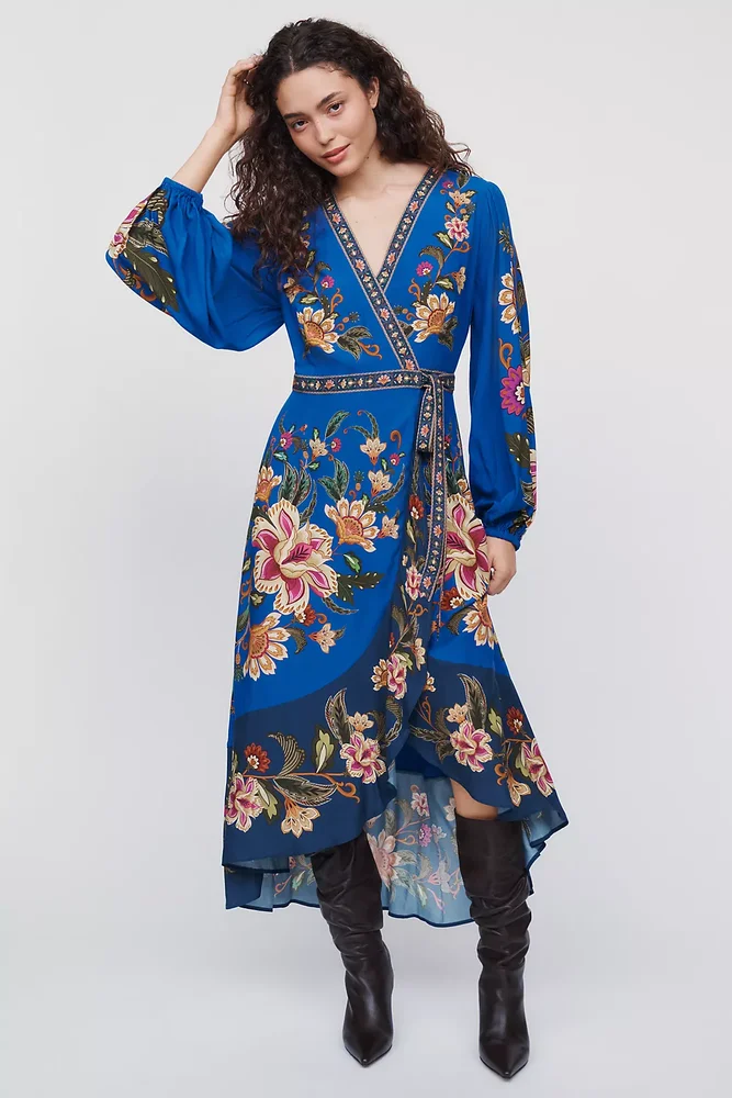 Long-Sleeve Floral Wrap Midi Dress